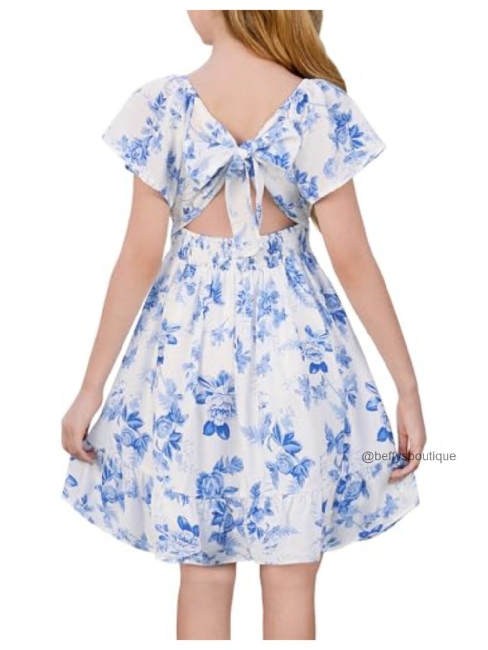 Girls Floral Party Dress Adjustable Bow Back Flutter Sleeve Square Neck Midi